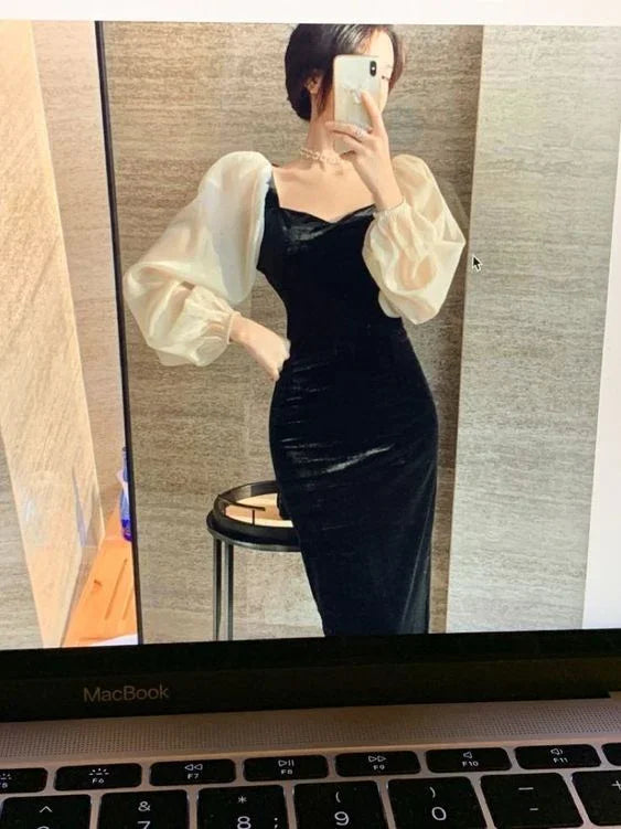Abito in velluto nero elegante invernale con scollo a V, cuciture a vista, vita alta retrò e maniche a sbuffo, abito da sera femminile Y5673