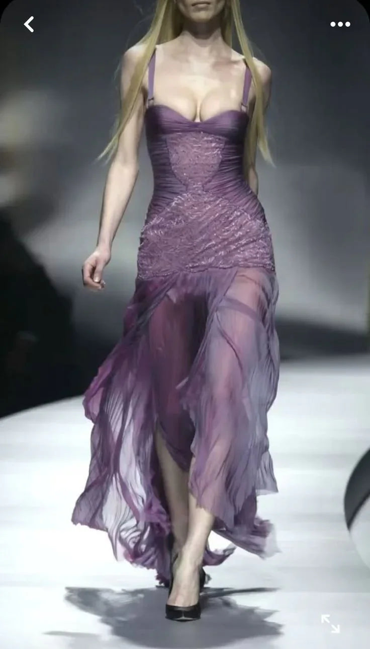 Abito da sera sirena vintage in pizzo e tulle viola, abito formale per ballo Y8447