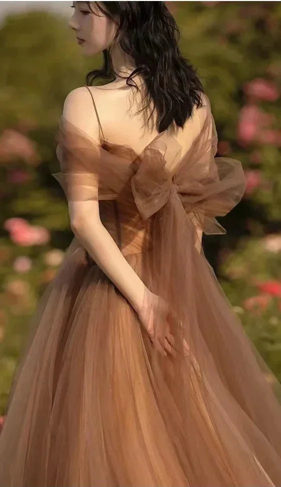 Belle robe longue de soirée en tulle à bretelles, coupe trapèze, robe de fête en tulle Y4643