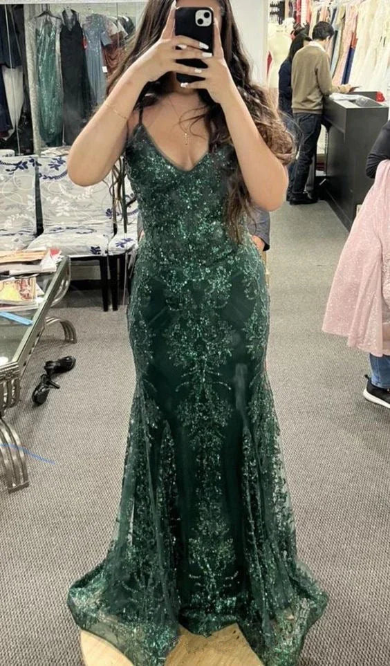 Abito da sera sirena in pizzo verde scuro con spalline uniche, abito lungo da ballo Y7878