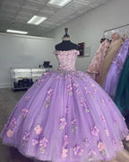 Abito da ballo elegante in tulle lucido con spalle scoperte e applicazioni di lavanda, fiori tridimensionali, vestito da principessa dolce per il quindicesimo compleanno Y285