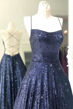 Abiti lunghi da sera blu navy scintillanti senza schienale Abiti lunghi da ballo blu navy con schiena scoperta Abiti formali lunghi blu navy Y875