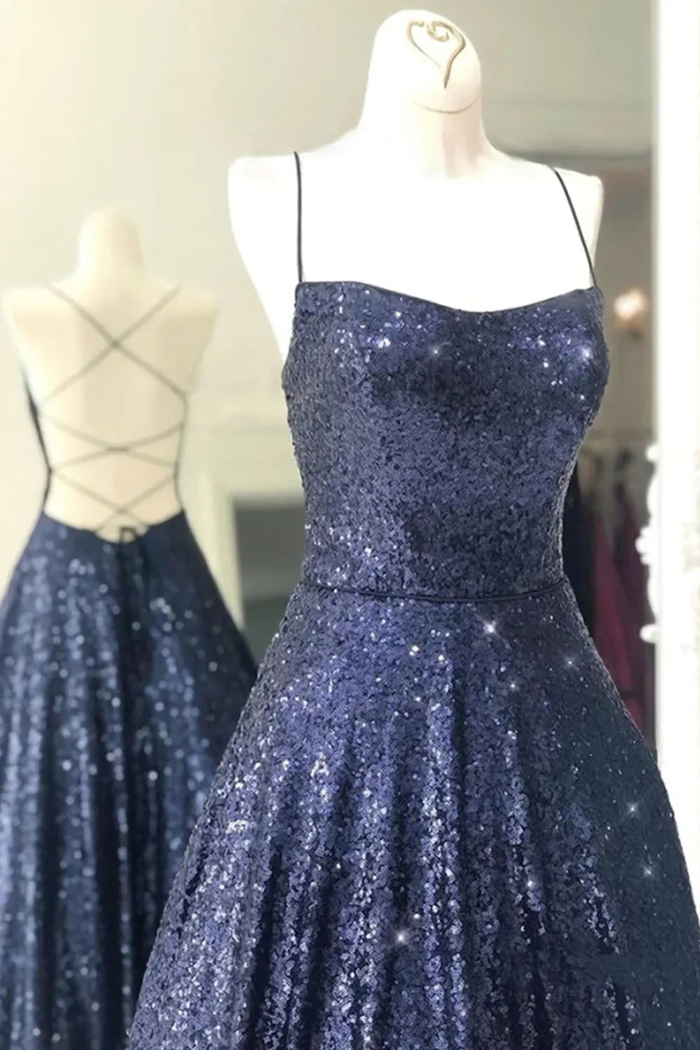 Abiti lunghi da sera blu navy scintillanti senza schienale Abiti lunghi da ballo blu navy con schiena scoperta Abiti formali lunghi blu navy Y875