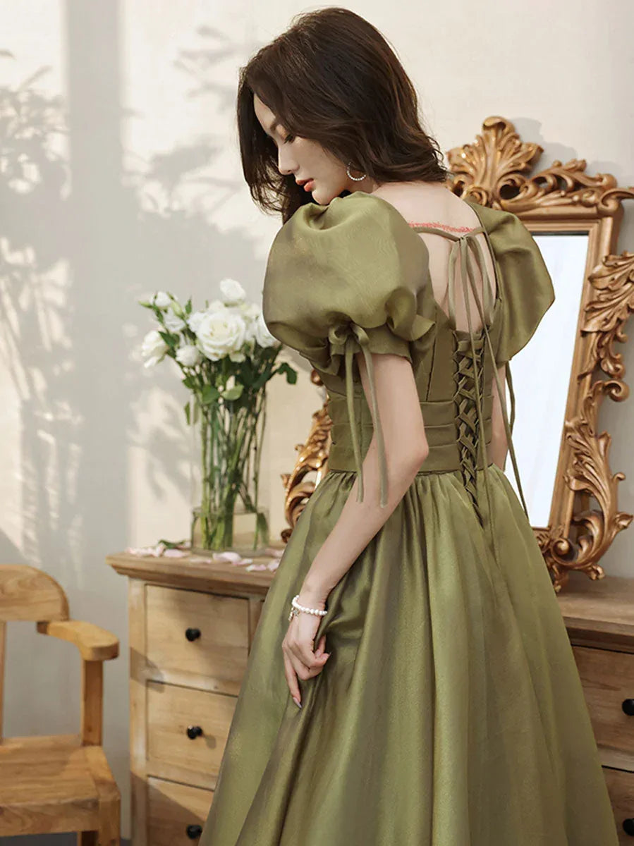 Vestido longo de baile simples verde com decote em V e tule, Vestidos de noite verdes Y1872