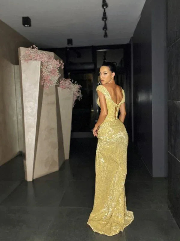 Modisches ärmelloses Abendkleid mit Schlitz und Pailletten Y4279