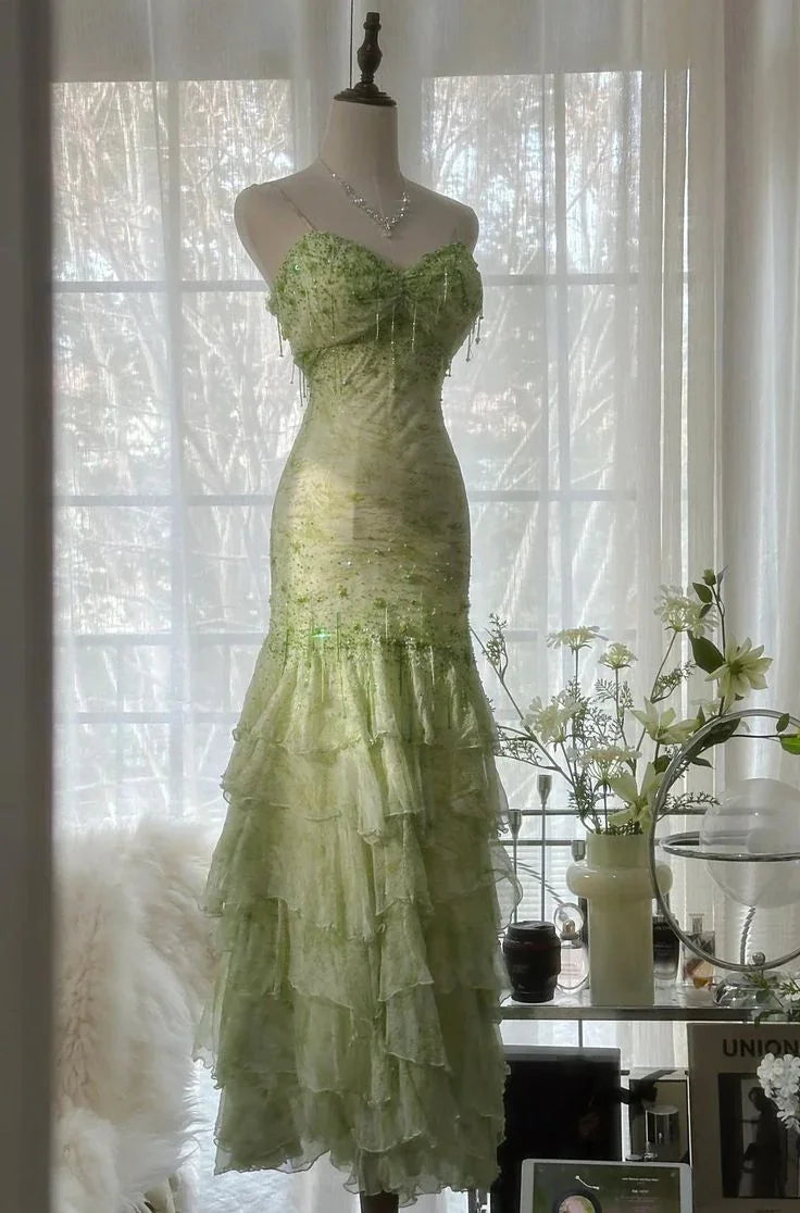 Splendido Abito da Sera Verde Smeraldo a Cuore in Chiffon con Perline e Strati, Abito Lungo da Cerimonia Y8558