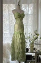 Splendido Abito da Sera Verde Smeraldo a Cuore in Chiffon con Perline e Strati, Abito Lungo da Cerimonia Y8558