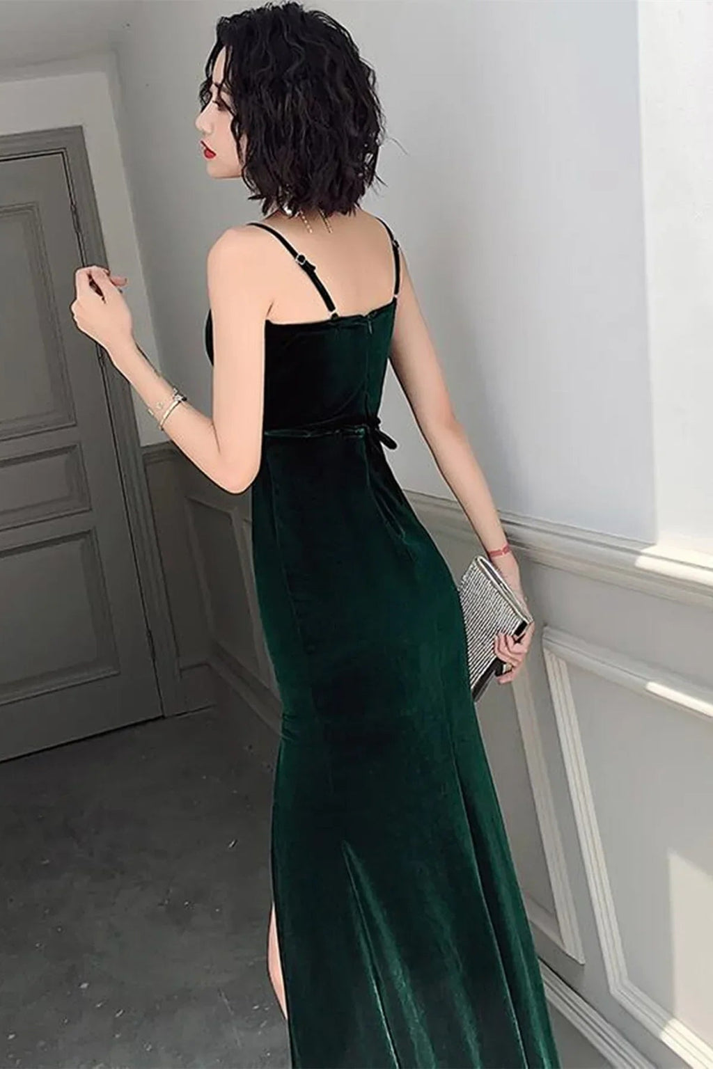 Vestidos longos simples de veludo verde escuro com decote em V, vestidos formais de veludo verde escuro para formatura e cerimónias Y2926