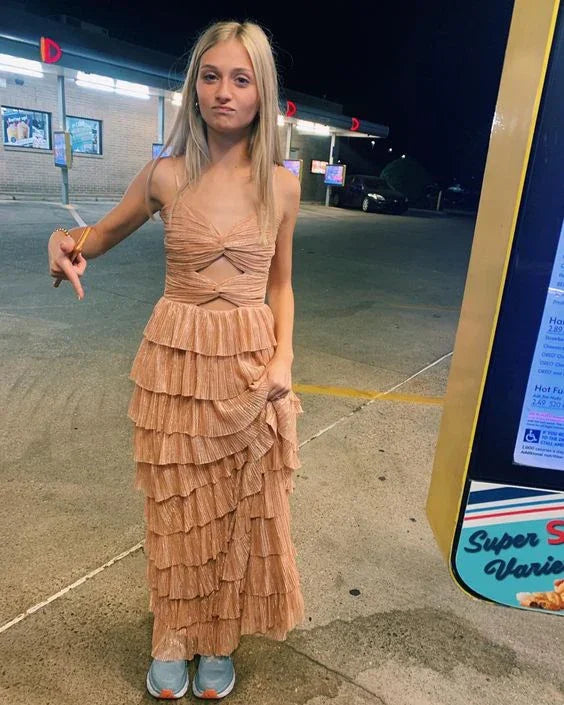 Abiti lunghi da sera a balze con spalline sottili, elegante vestito da ballo Y2053