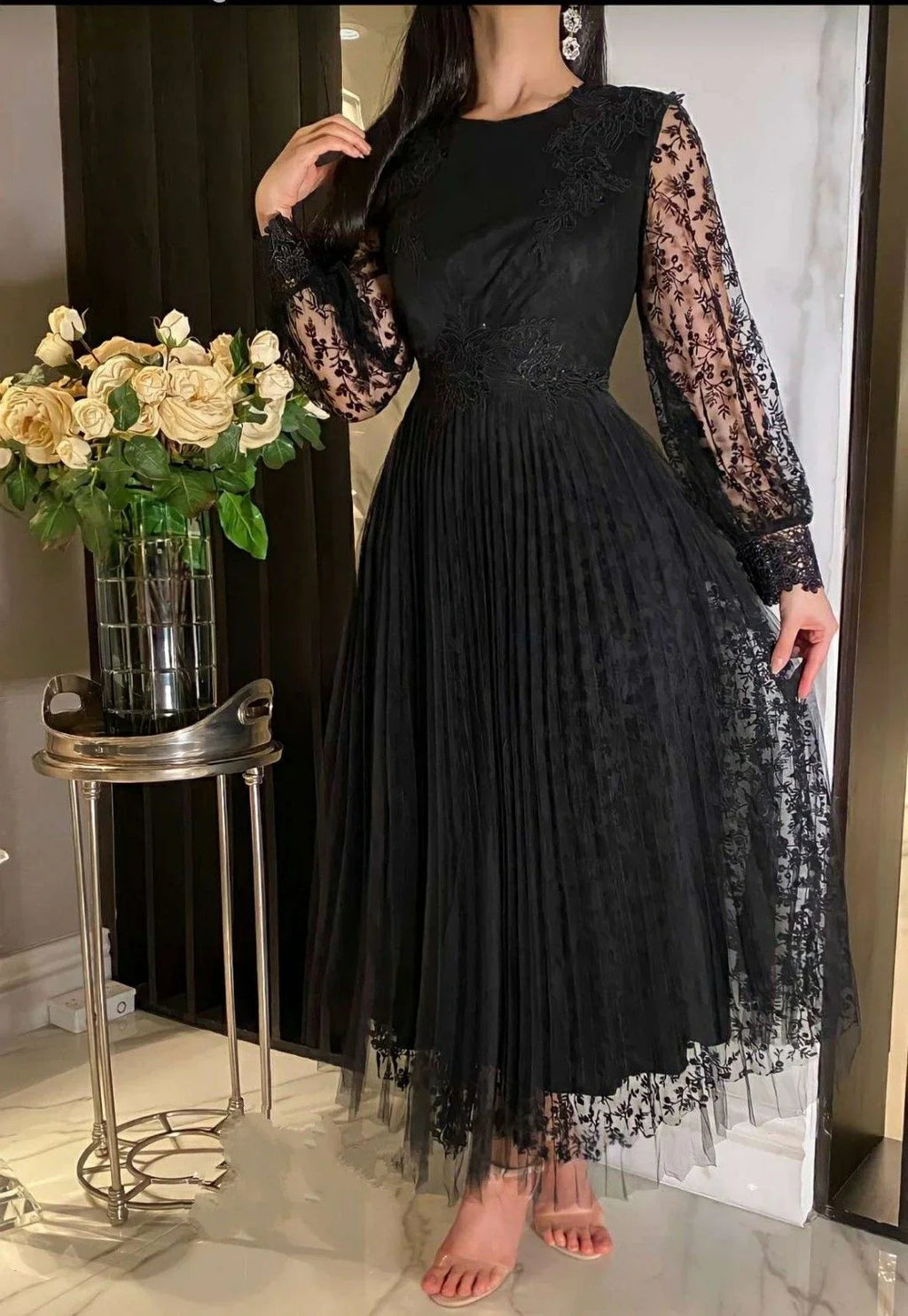 Vestido de noite elegante preto em linha A Vestido formal preto Y5730