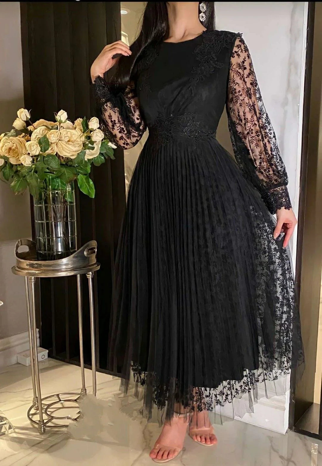 Vestido de noite elegante preto em linha A Vestido formal preto Y5730