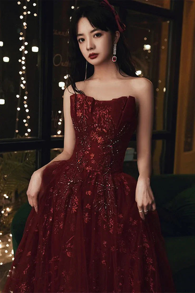 Robe de soirée longue en dentelle florale rouge vin et tulle Robe de fête bordeaux Robes de cérémonie Y1661
