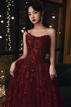 Robe de soirée longue en dentelle florale rouge vin et tulle Robe de fête bordeaux Robes de cérémonie Y1661