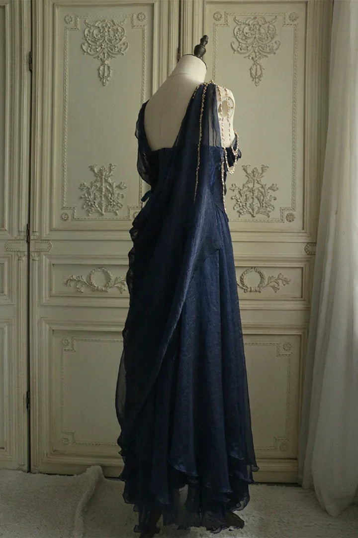 Robe de bal vintage bleu marine en mousseline coupe trapèze robe de soirée Y8292