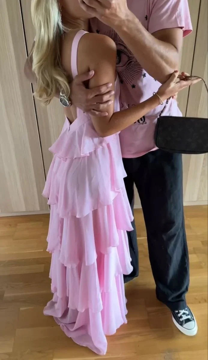 Abito da sera rosa a balze a linea ad A per donna, abito da ballo rosa senza schienale Y4532