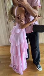 Abito da sera rosa a balze a linea ad A per donna, abito da ballo rosa senza schienale Y4532
