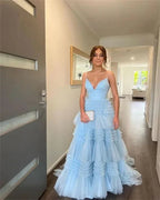 Abito da sera blu a pieghe, linea a trapezio, multistrato, lungo fino a terra, abito da ballo Y5612