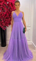Robe de bal violette en tulle à encolure en V et coupe trapèze Robe de soirée violette Y6168