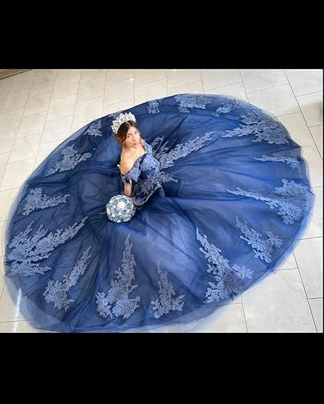 Abito da Quinceanera in Pizzo di Tulle Blu Marina con Spalle Scoperte, Abito da Ballo Blu Marina Dolce 15 Anni Y2985