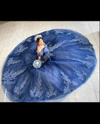 Abito da Quinceanera in Pizzo di Tulle Blu Marina con Spalle Scoperte, Abito da Ballo Blu Marina Dolce 15 Anni Y2985