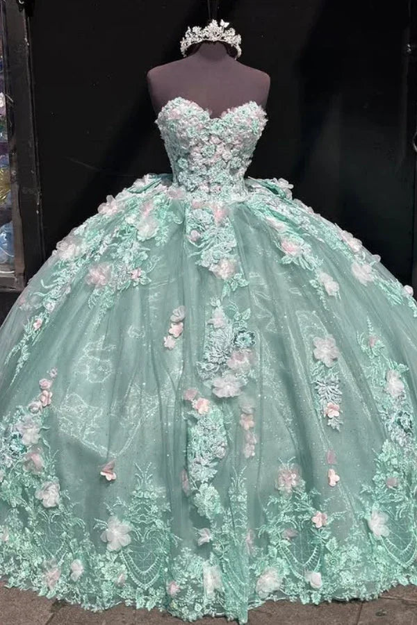 Encantador vestido de gala sin tirantes con apliques de encaje, vestido de cumpleaños quinceañera línea A verde Y8246