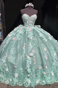 Encantador vestido de gala sin tirantes con apliques de encaje, vestido de cumpleaños quinceañera línea A verde Y8246