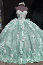 Encantador vestido de gala sin tirantes con apliques de encaje, vestido de cumpleaños quinceañera línea A verde Y8246