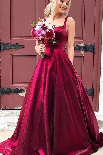 Vestidos de fiesta largos de tafetán con escote en A, tirantes finos y bolsillos