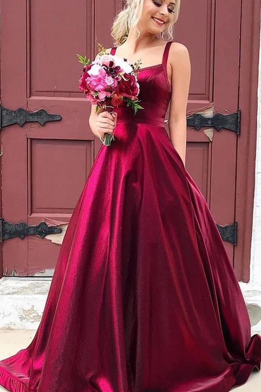 Vestidos de fiesta largos de tafetán con escote en A, tirantes finos y bolsillos
