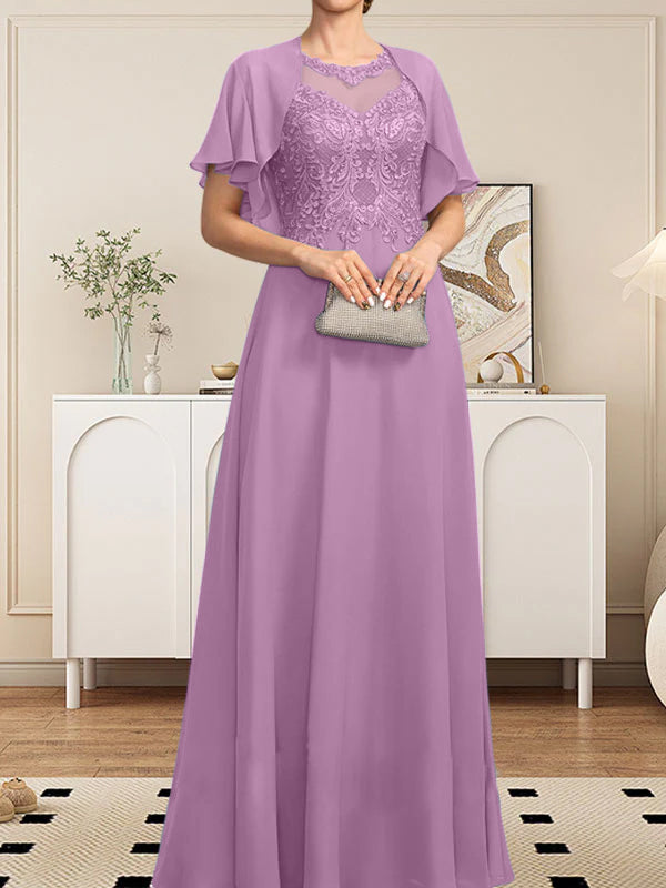A-Linie, U-Ausschnitt, Illusion, bodenlanges Spitzen-Chiffon-Kleid für die Brautmutter mit Pailletten