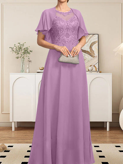 A-Linie, U-Ausschnitt, Illusion, bodenlanges Spitzen-Chiffon-Kleid für die Brautmutter mit Pailletten