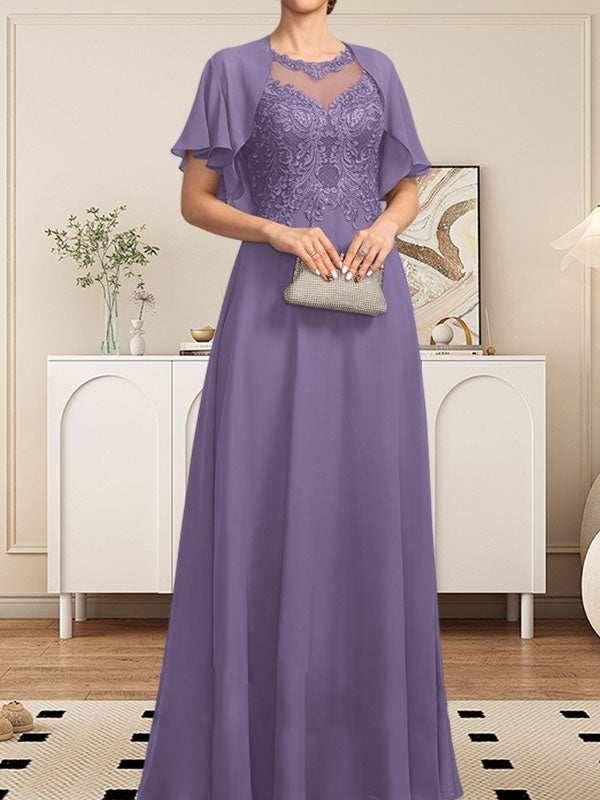 A-Linie, U-Ausschnitt, Illusion, bodenlanges Spitzen-Chiffon-Kleid für die Brautmutter mit Pailletten