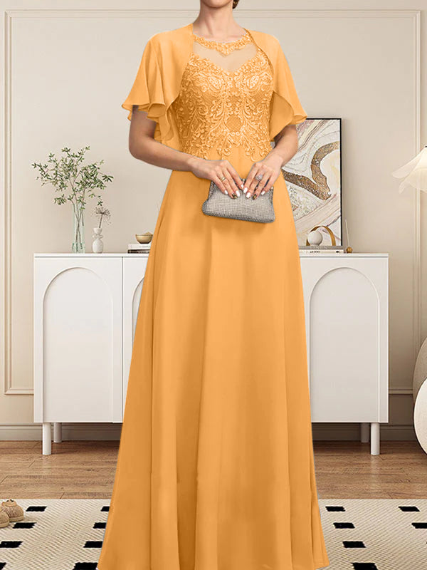 A-Linie, U-Ausschnitt, Illusion, bodenlanges Spitzen-Chiffon-Kleid für die Brautmutter mit Pailletten