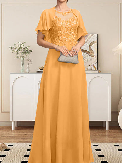 A-Linie, U-Ausschnitt, Illusion, bodenlanges Spitzen-Chiffon-Kleid für die Brautmutter mit Pailletten