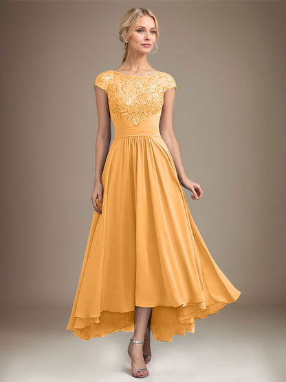 A-Linie U-Ausschnitt Illusion Asymmetrische Spitze Chiffon Mutter der Braut Kleid Mit Plissee 