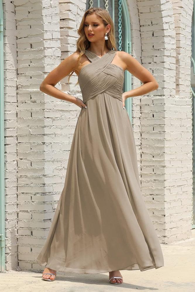 Vestido de Dama de Honra Halter em Chiffon para Mulher, Modelo A-Line, Longo, Formal, para Baile de Finalistas SEA28015