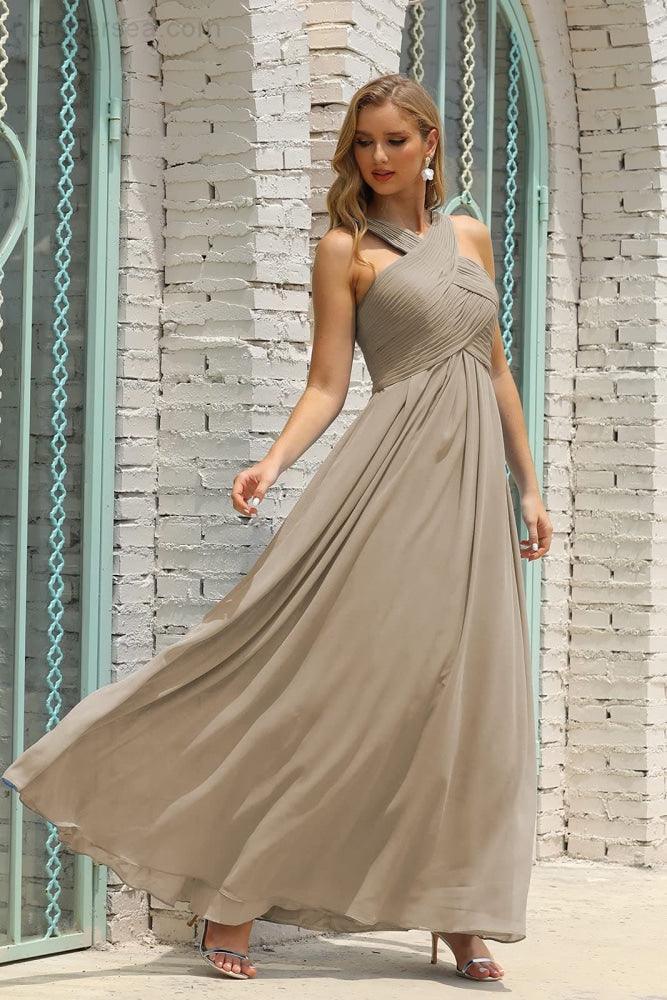 Vestido de Dama de Honra Halter em Chiffon para Mulher, Modelo A-Line, Longo, Formal, para Baile de Finalistas SEA28015