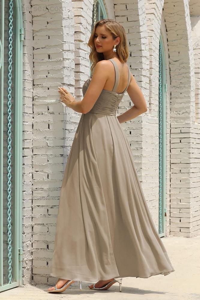 Vestido de Dama de Honra Halter em Chiffon para Mulher, Modelo A-Line, Longo, Formal, para Baile de Finalistas SEA28015