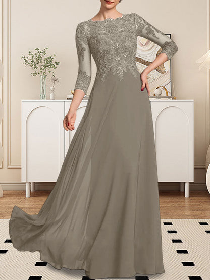 A-Linie U-Ausschnitt Bodenlang Spitzen-Chiffon-Kleid für die Brautmutter mit Pailletten