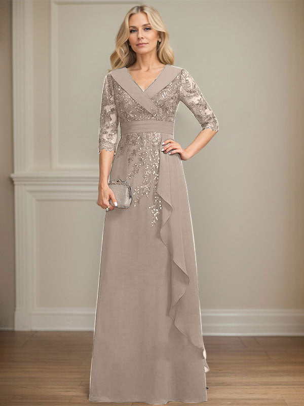 Robe de mère de la mariée en mousseline de soie à col en V, longueur au sol, ligne A, avec dentelle, paillettes et volants en cascade