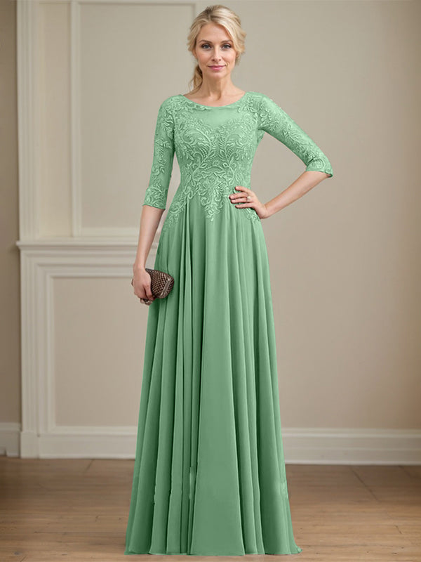A-Linie, U-Ausschnitt, Illusion, bodenlanges Spitzen-Chiffon-Kleid für die Brautmutter mit Pailletten 