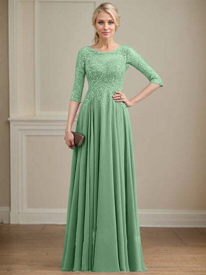A-Linie, U-Ausschnitt, Illusion, bodenlanges Spitzen-Chiffon-Kleid für die Brautmutter mit Pailletten 