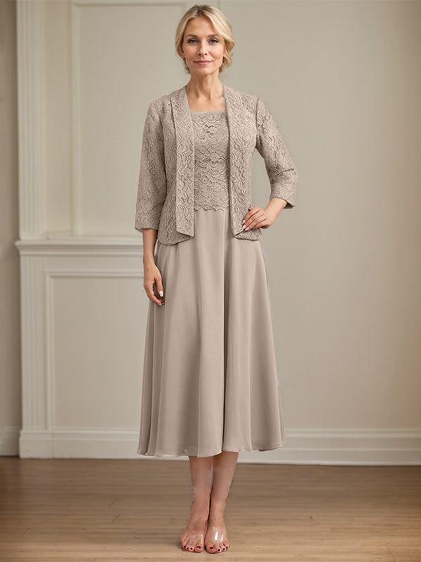 A-Linie U-Ausschnitt Wadenlang Chiffon-Kleid für die Brautmutter 