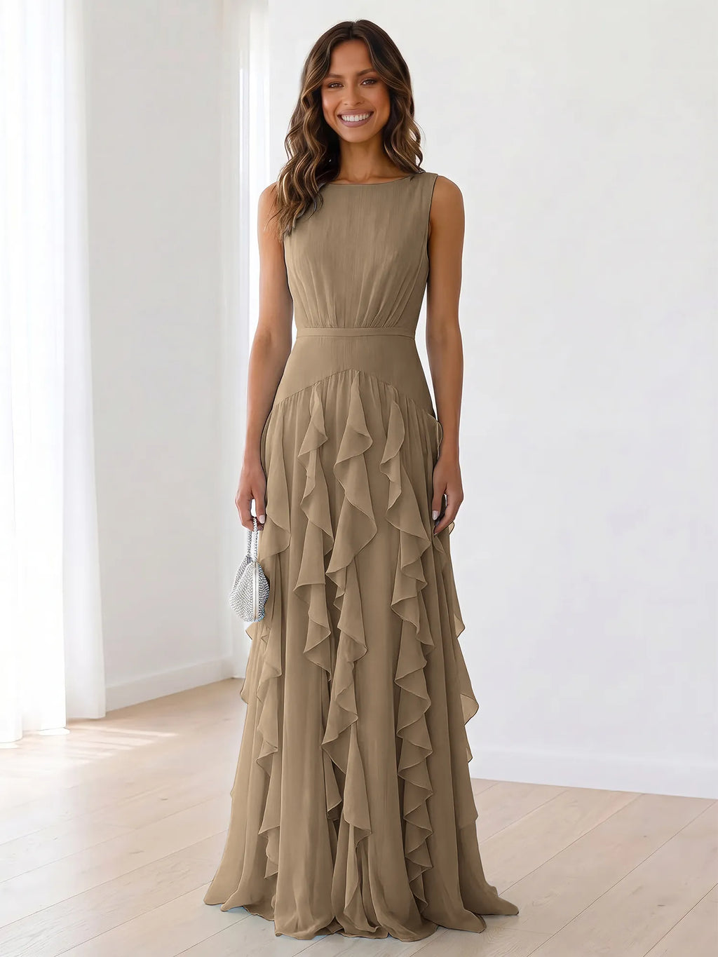 Sky Blue Tiered Chiffon Evening Maxi Dress With Ruched Bodice