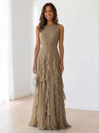 Sky Blue Tiered Chiffon Evening Maxi Dress With Ruched Bodice