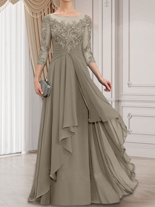 A-Linie, U-Ausschnitt, Illusion, bodenlanges Chiffon-Kleid für die Brautmutter mit kaskadierenden Rüschen