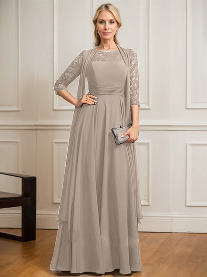 A-Linie U-Ausschnitt Illusion Bodenlang Spitze Chiffon Mutter der Braut Kleid Mit Plissee 