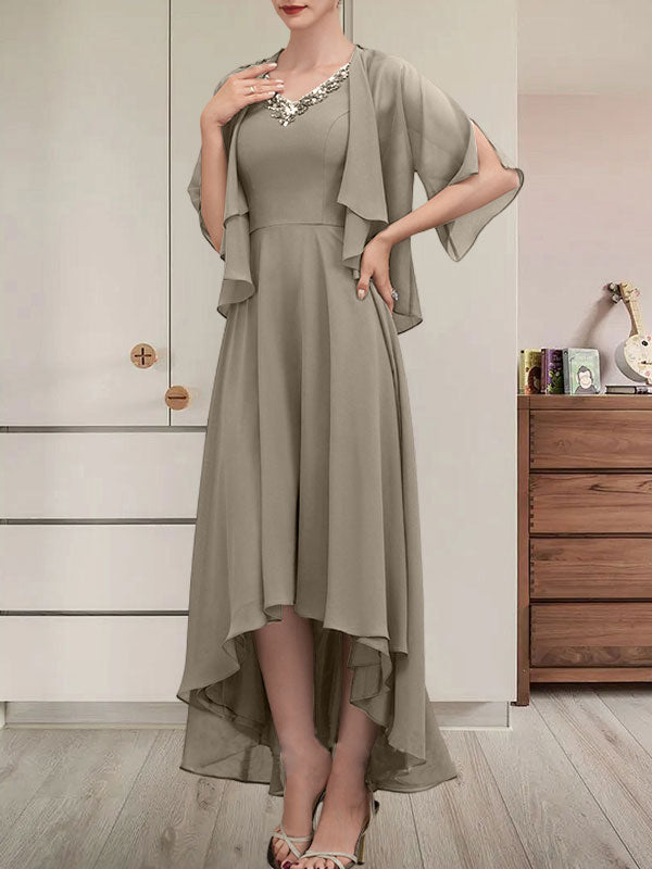 Vestido de gasa asimétrico para madre de la novia con escote en V, corte A y lentejuelas con abalorios