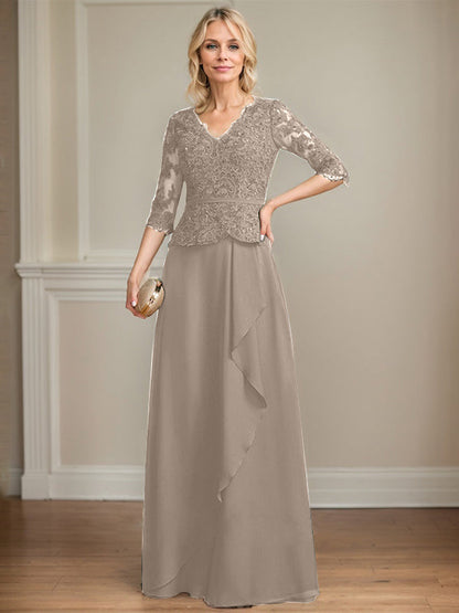 Vestido de madre de la novia de gasa con encaje, escote en V, largo hasta el suelo, con volantes en cascada y lentejuelas 