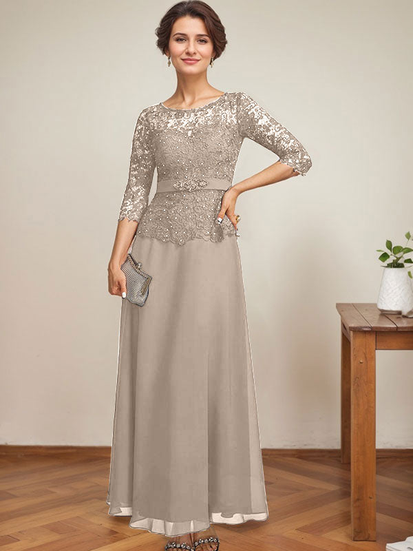 Robe de mère de la mariée en dentelle en mousseline, longueur cheville, coupe trapèze, décolleté illusion en forme de goutte, ornée de perles en strass